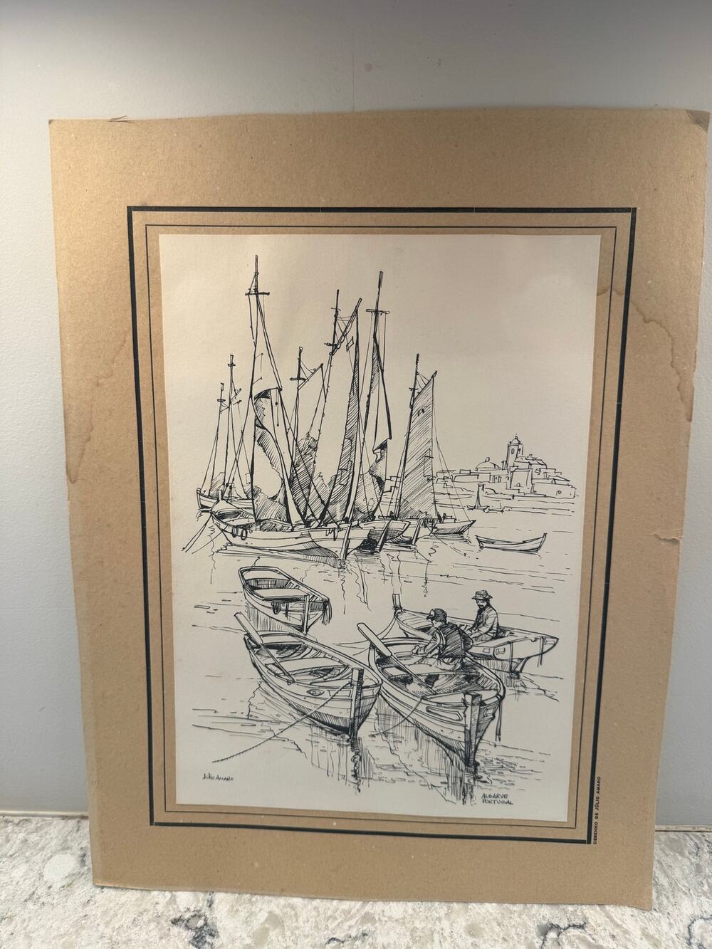 Julio Amaro Black & White Ink Drawing Boats in a Harbor Algarve Portugal JL